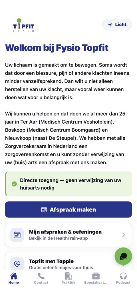 Schermafbeelding van de Fysio Topfit-app