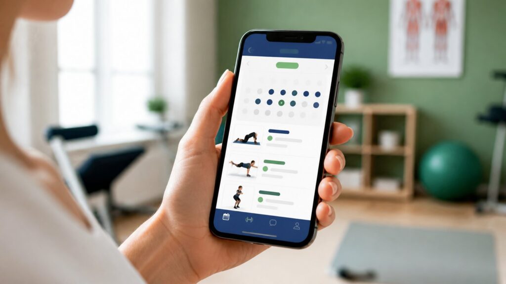 Hand met smartphone waarop een app met afspraken en oefeningen staat